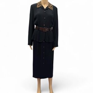 Vintage Studio 1 Black Leopard Collar Long Sleeve Belted Button Front Dress 10